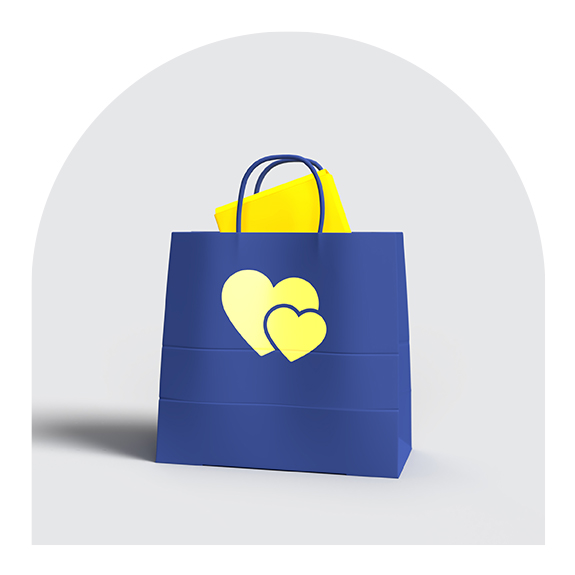 blue bag with yellow hearts and yellow envelope partially sticking out